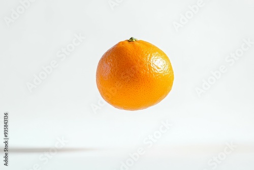 A vibrant orange floating effortlessly against a minimalistic white background at midday photo