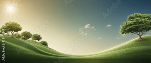 Rolling Green Hills with Trees and Sunlight