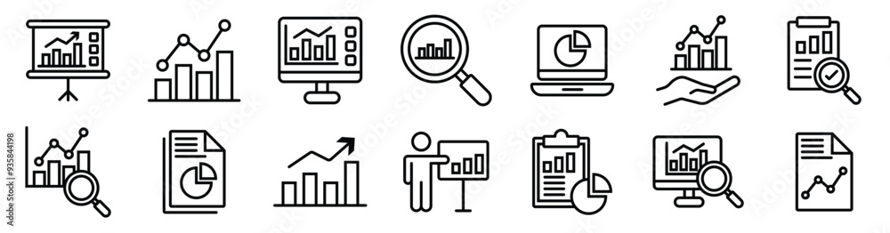 Data analytics thin line icon vector set. Statistical science data ...
