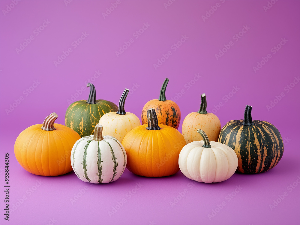 Colorful Pumpkins Isolated on Vibrant Purple Background Colorful Pumpkins Isolated on Vibrant Purple Background