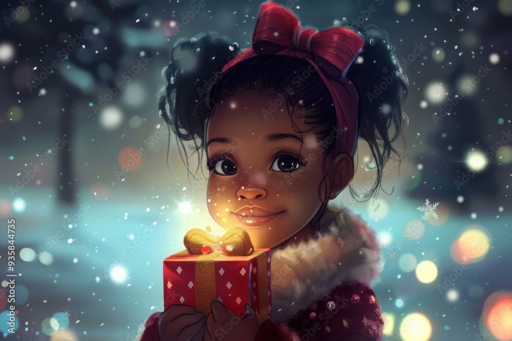 Adorable Black skin girl with a Christmas gift, holiday spirit, joyful festive mood... Adorable Black skin girl with a Christmas gift, holiday spirit, joyful festive mood...