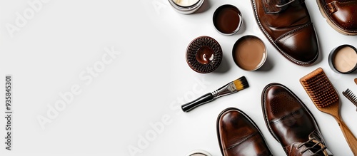 Fototapeta Naklejka Na Ścianę i Meble -  Shoe care products Leather men s shoes shoe polish brushes and wax arranged on a white background top view copy space