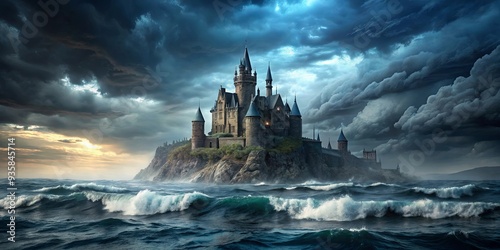 Mysterious dark castle emerges from stormy sea with dramatic gothic vibes