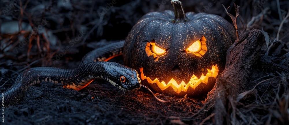 Fototapeta premium Halloween pumpkin with glowing lantern and a zombie-like snake in autumn foliage