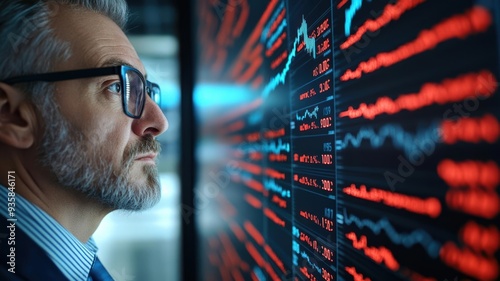 A focused businessman analyzing stock market trends on a digital screen filled with fluctuating graphs and data. photo