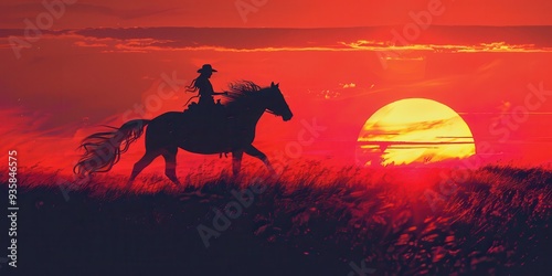 Horseback Woman at Sunset: Galloping Horse Under the Red Rising Sun