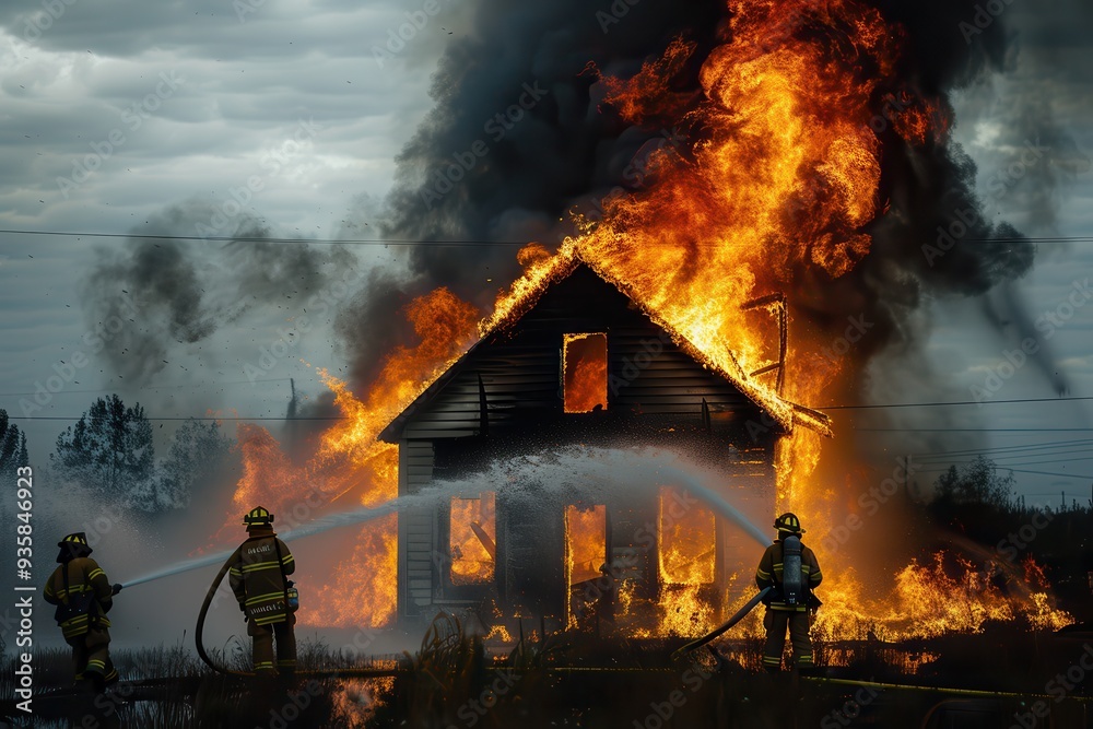 House Fire: Firefighters Battling Flames to Save a Country Home Stock ...
