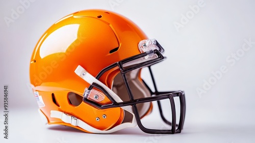 High-quality, side-view image of an orange football helmet on a white background, perfect for sports and safety-related projects. photo