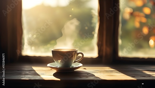 Sunlight shines on the coffee cup through the window, and the scenery outside the window is blurred, creating a peaceful and comfortable atmosphere.