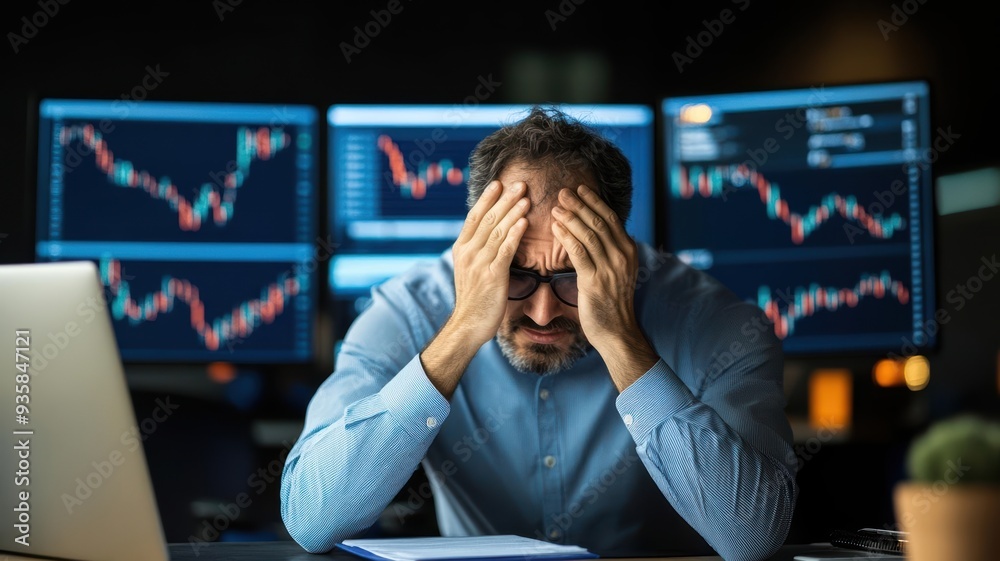A stressed businessman analyzing financial data on multiple screens, depicting the struggles of trading and market fluctuations. A stressed businessman analyzing financial data on multiple screens, depicting the struggles of trading and market fluctuations.