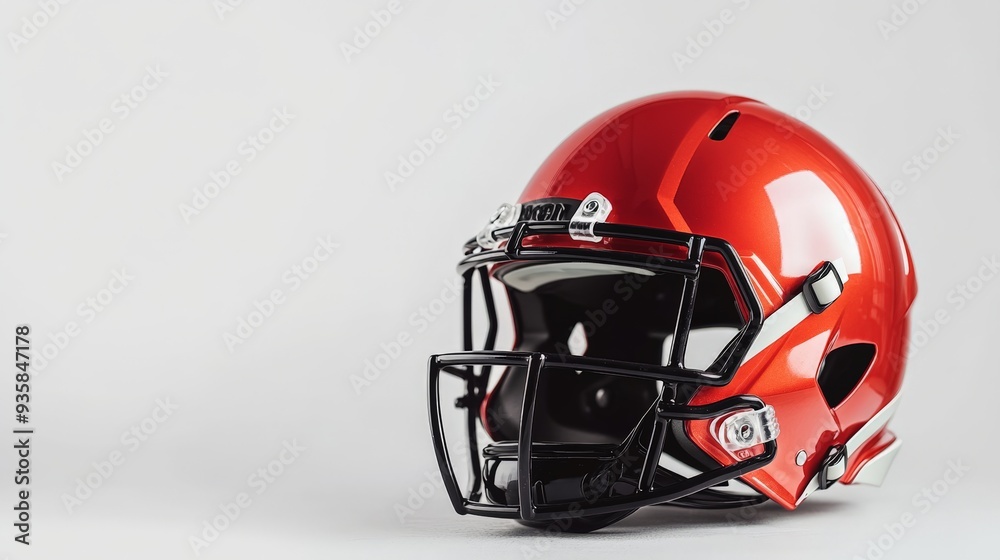 Fototapeta premium High-quality image of a modern red football helmet with a black facemask on a plain white background.