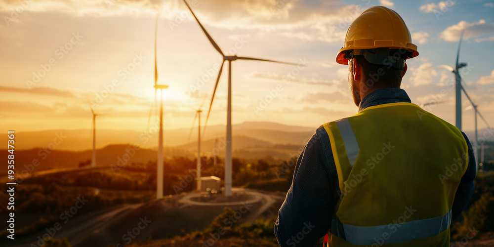 Photo of a male looking at wind turbines Photo of a male looking at wind turbines