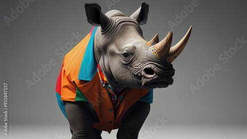Obraz na płótnie Cool looking rhino wearing funky fashion dress - jacket, tie, glasses. Wide banner with space for text at side. Stylish animal posing as supermodel. Generative AI w salonie