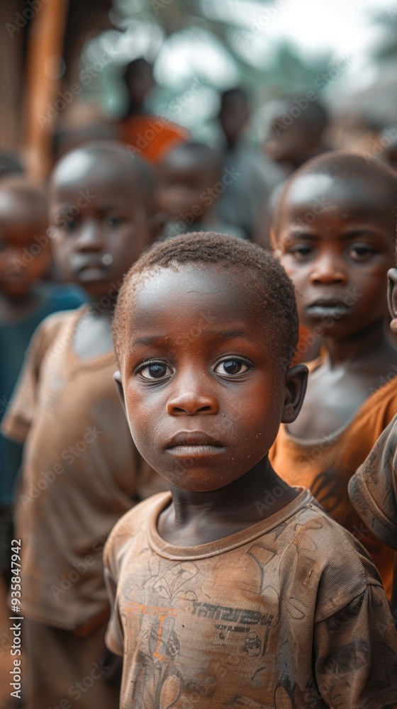 Image shows seven African children, dirty with mud, standing together with serious expressions. Their varying heights and strong stance convey resilience in tough conditions. Image shows seven African children, dirty with mud, standing together with serious expressions. Their varying heights and strong stance convey resilience in tough conditions.