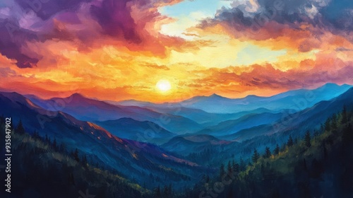 Smoky mountain sunset with generative ai