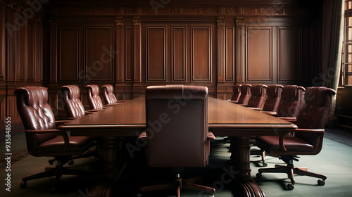 A classic wood-paneled boardroom with a long table and leather chairs,