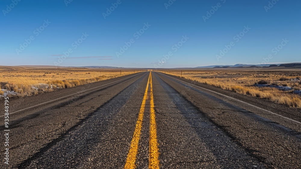 Naklejka premium Photograph a long, straight road stretching into the horizon, emphasizing the sense of endless possibilities and freedom.