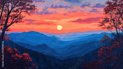 Smoky mountain sunset with generative ai