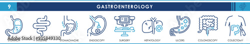 A set of line icons related to Gastroenterology. Stomach, intestine, stomachache, endoscopy, surgery, hepatology, ulcers, colonoscopy and colectomy. Vector outline icons set.