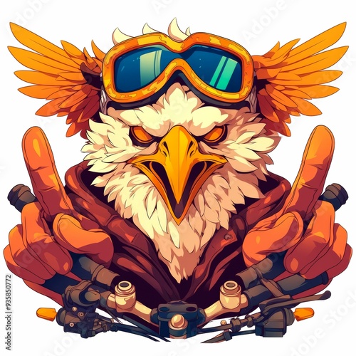 An Eagle Wearing Goggles and Gloves Gives the Middle Finger While Riding a Motorcycle photo