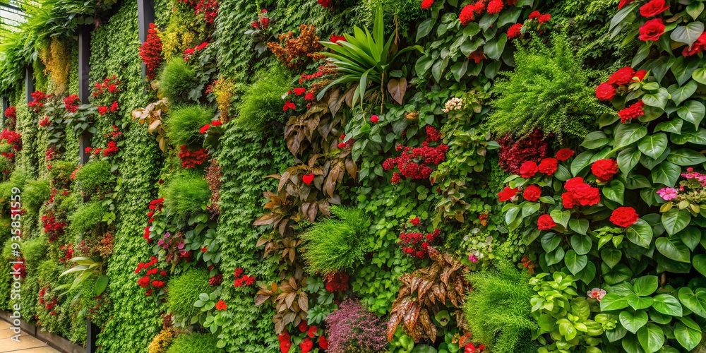 Vertical garden full of greenery and red flowers creating a stunning living wall display Vertical garden full of greenery and red flowers creating a stunning living wall display