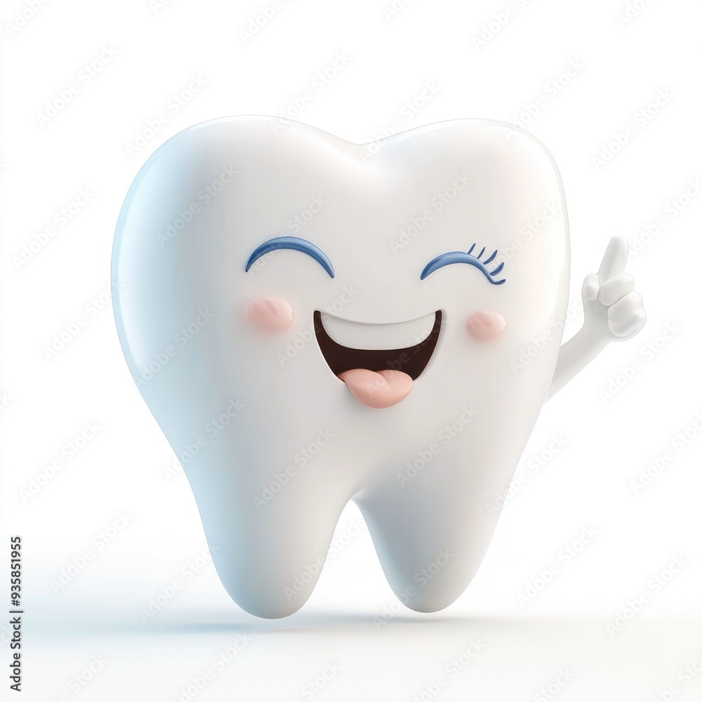 A cartoon tooth with a smiling face and one finger pointing up, isolated on white. A cartoon tooth with a smiling face and one finger pointing up, isolated on white.