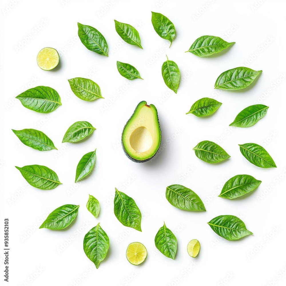 Green leaf on avocado fruit isolated on white Green leaf on avocado fruit isolated on white