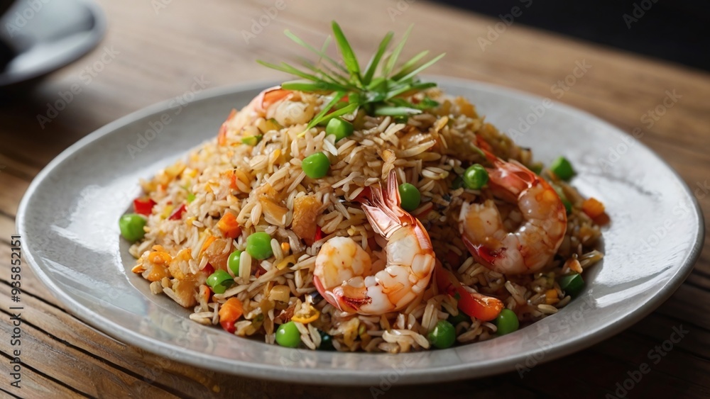 A plate of fried rice with prawns as topping, seafood fried rice A plate of fried rice with prawns as topping, seafood fried rice