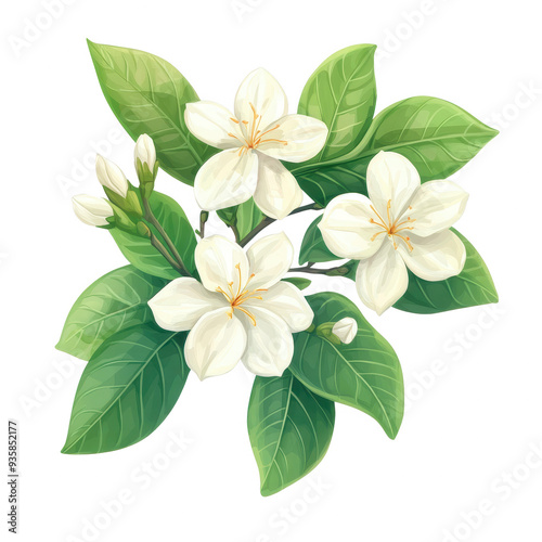 Beautiful illustration of white flowers with green leaves, perfect for nature-themed projects and floral designs.