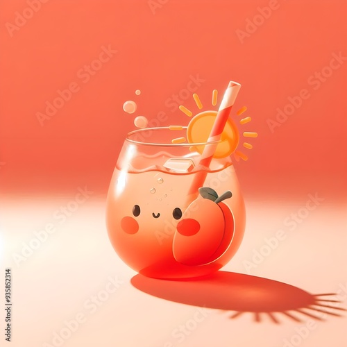 A side view of a cute peach iced tea glass with a sunburst on the iced tea glass and no steam, centered. The background should be a coral color with studio lighting and no shadows. 