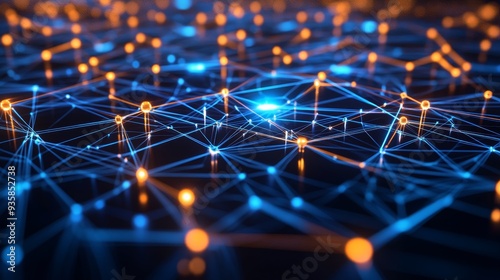 Abstract Digital Network Connection Concept - An abstract concept of digital network connections, highlighting the flow of data and information with glowing blue and orange nodes symbolizing interconn
