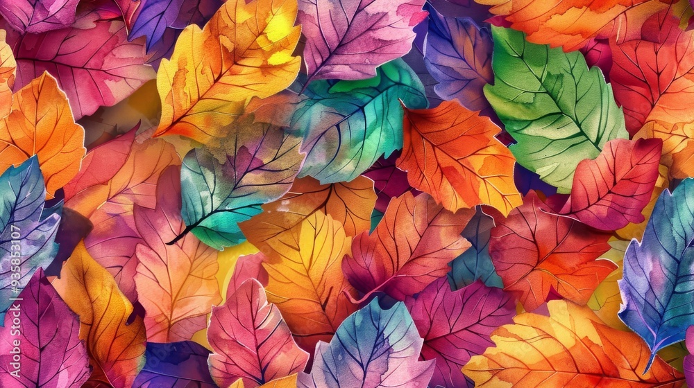 Vibrant display of autumn leaves in various hues of red orange yellow green and purple. Seamless pattern. AI generated images. Vibrant display of autumn leaves in various hues of red orange yellow green and purple. Seamless pattern. AI generated images.