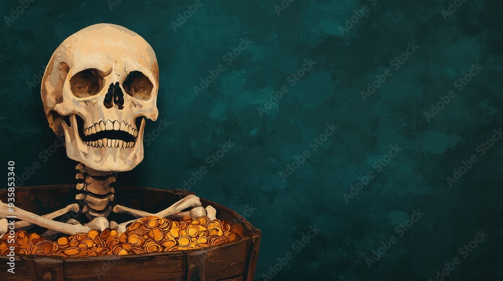 A whimsical skeleton sitting in a treasure chest filled with gold coins against a textured turquoise background. A whimsical skeleton sitting in a treasure chest filled with gold coins against a textured turquoise background.