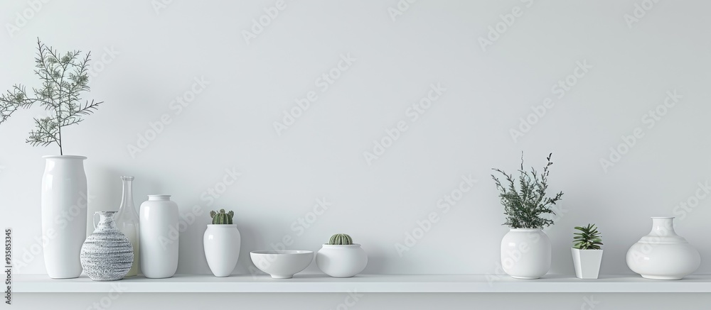 Shelves featuring various decor next to a white wall with space for text Interior design. Copy space image. Place for adding text and design Shelves featuring various decor next to a white wall with space for text Interior design. Copy space image. Place for adding text and design