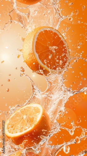 Bright orange slices emit a lively energy as they splatter water droplets in a joyful display against a vivid orange background, capturing summer's essence photo