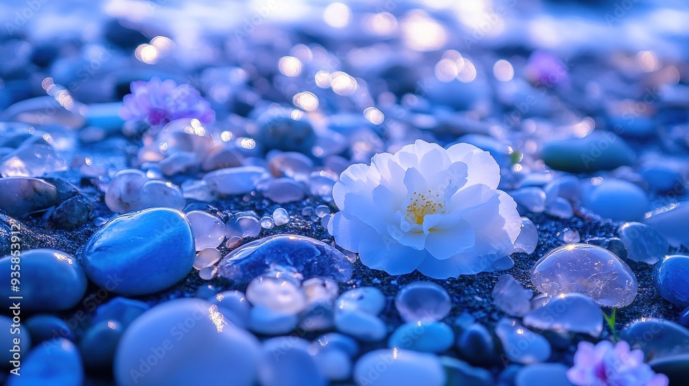 Moonlit Beach with Light Blue Camellias and Glossy Pebbles: A Mesmerizing Scene Featuring a Beautiful Beach Under the Moonlight, Scattered with Light Blue Camellias and Transparent Pebbles Gradually T Moonlit Beach with Light Blue Camellias and Glossy Pebbles: A Mesmerizing Scene Featuring a Beautiful Beach Under the Moonlight, Scattered with Light Blue Camellias and Transparent Pebbles Gradually T