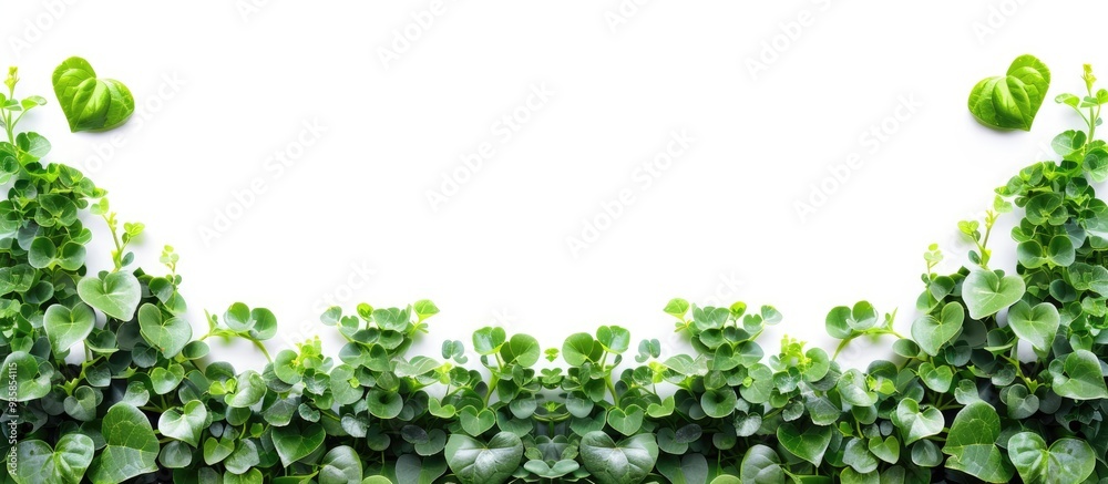 Fototapeta premium Green bush featuring heart shaped leaves set against a white background with a clipping path. Copy space image. Place for adding text and design