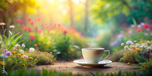 A whimsical oil painting of a coffee cup in a dreamy garden setting photo