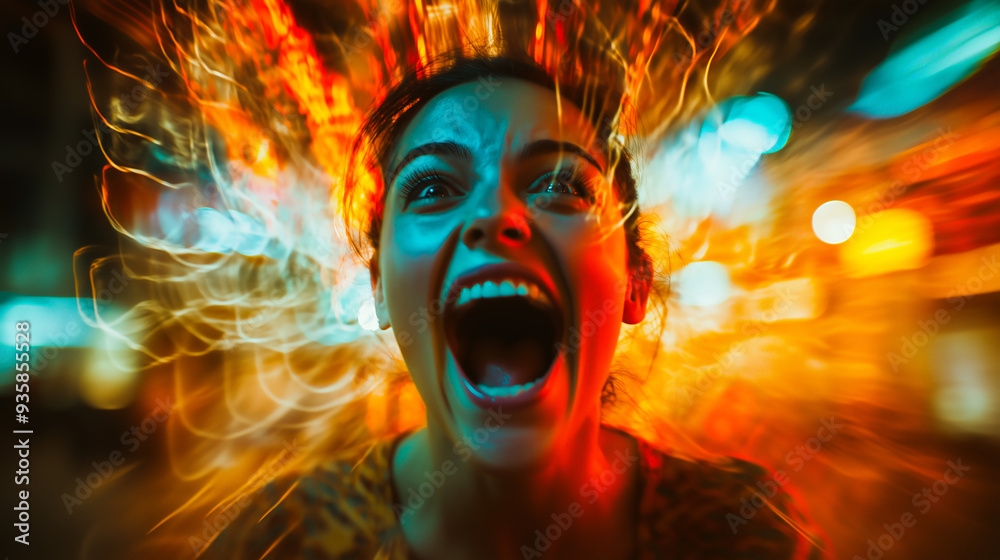 A close-up of a woman screaming, her hair ablaze, with a blurred background of vibrant city lights and neon effects. A close-up of a woman screaming, her hair ablaze, with a blurred background of vibrant city lights and neon effects.