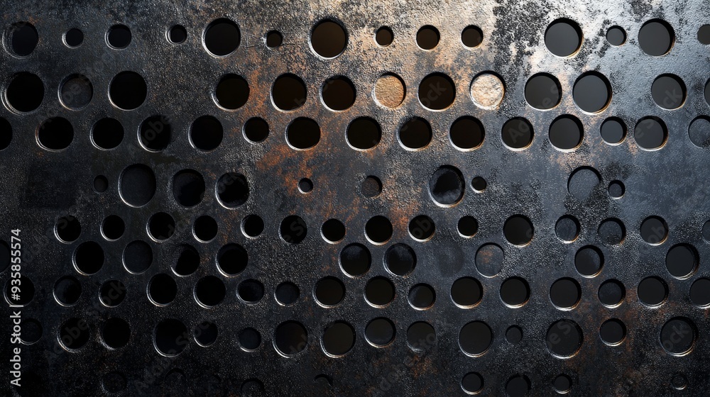 Abstract Rusty Metal Sheet with Circular Holes - A close-up image of a rusty metal sheet with a pattern of circular holes, symbolizing industrial, texture, rough, aged, and strength. Abstract Rusty Metal Sheet with Circular Holes - A close-up image of a rusty metal sheet with a pattern of circular holes, symbolizing industrial, texture, rough, aged, and strength.