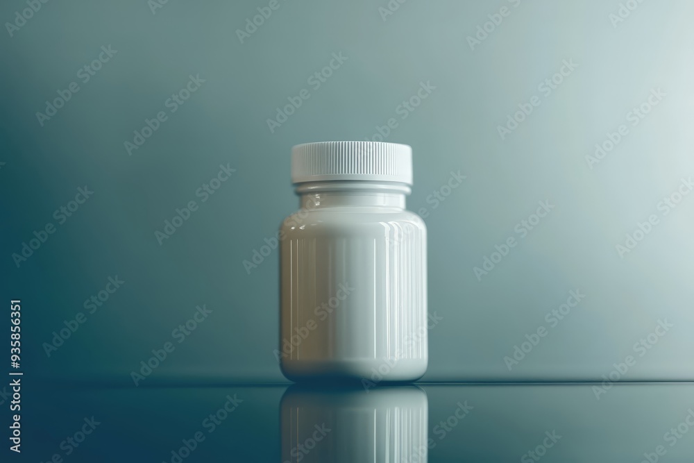 Minimalistic white plastic pill bottle on a reflective surface. Minimalistic white plastic pill bottle on a reflective surface.