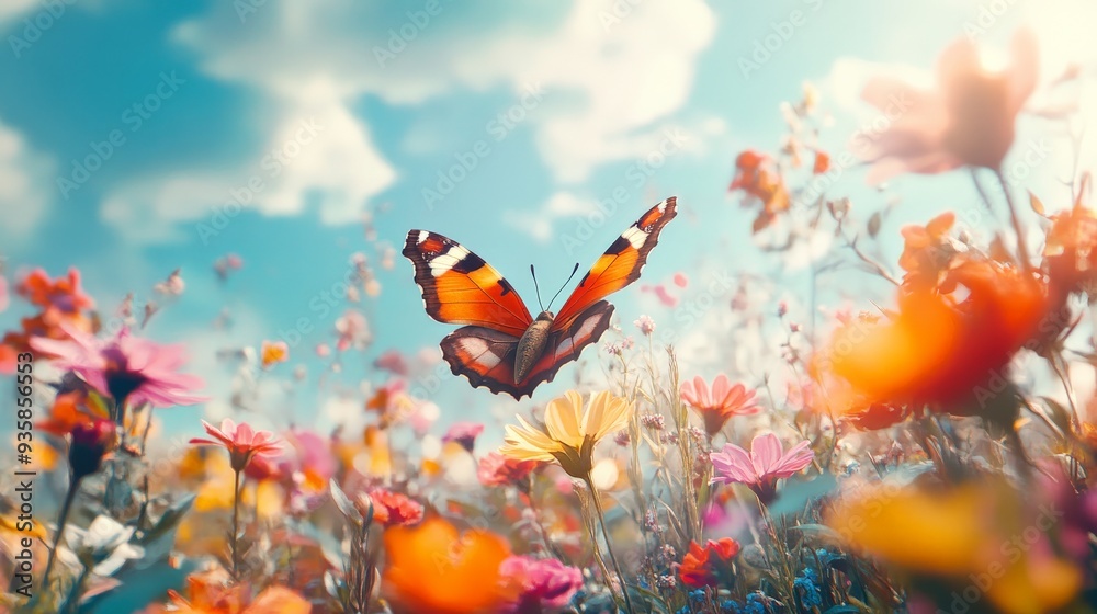 A lively scene featuring a colorful butterfly fluttering over a vivid field of blooming flowers under a bright, clear sky with soft clouds in the background. A lively scene featuring a colorful butterfly fluttering over a vivid field of blooming flowers under a bright, clear sky with soft clouds in the background.