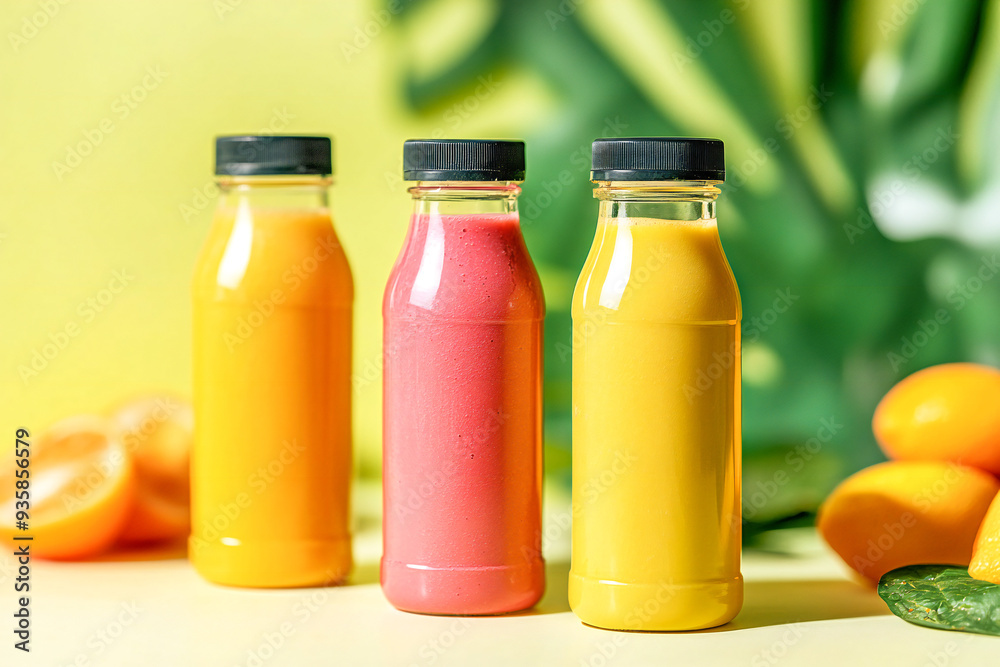 Premium clear bottle of cold-pressed juice made from natural fruits Premium clear bottle of cold-pressed juice made from natural fruits