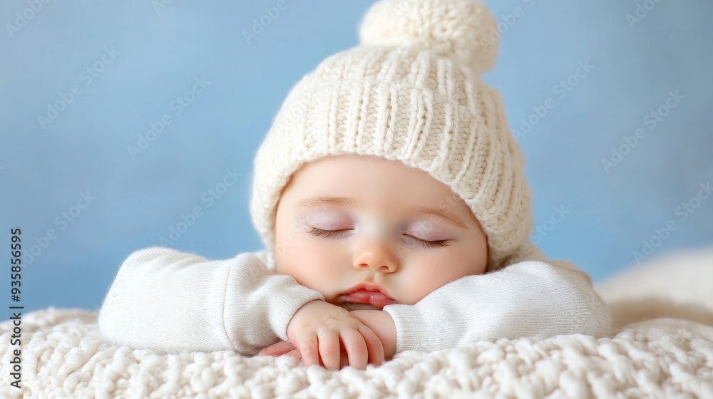 Adorable Baby Sleeping in White Knit Hat and Blanket - A sweet baby wearing a white knit hat peacefully sleeps on a cozy white blanket. The image conveys innocence, comfort, and the joy of new life. Adorable Baby Sleeping in White Knit Hat and Blanket - A sweet baby wearing a white knit hat peacefully sleeps on a cozy white blanket. The image conveys innocence, comfort, and the joy of new life.