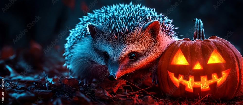 Eerie autumnal forest scene with spookily glowing Halloween pumpkin and zombie hedgehog Eerie autumnal forest scene with spookily glowing Halloween pumpkin and zombie hedgehog