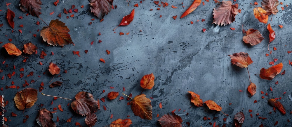 Frame of vibrant fallen autumn leaves on a gray backdrop. Copy space image. Place for adding text and design