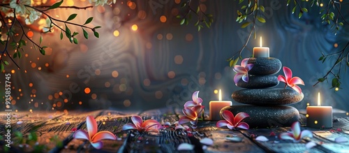 Romantic spa massage stones and flowers illuminated by candlelight on a wooden background with copyspace Beauty treatment idea Banner copy space Relaxation concept photo