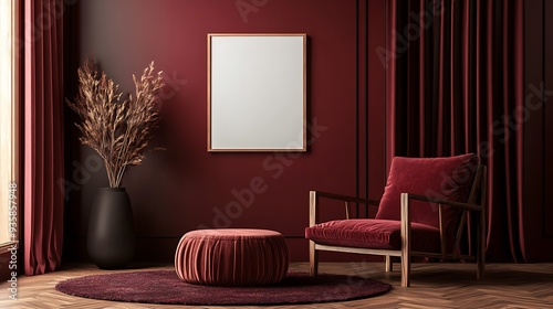 Stylish living room interior with red velvet armchair and ottoman in front of a red wall with a blank framed picture.