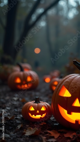 Glowing jack-o'-lanterns on an autumn forest floor, casting an eerie light in a misty Halloween setting