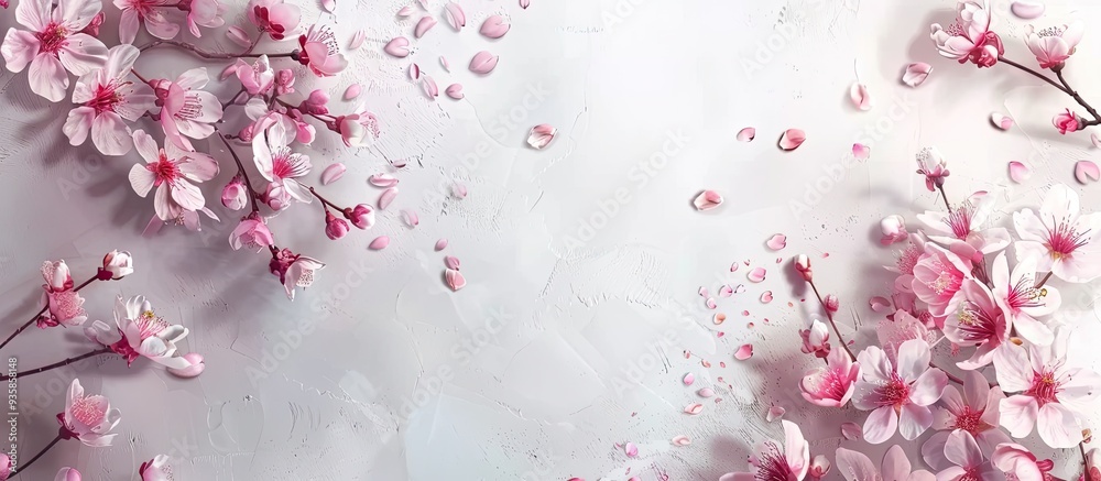 Lovely sakura tree blossoms on a light grey background flat lay Area for text. Copy space image. Place for adding text and design Lovely sakura tree blossoms on a light grey background flat lay Area for text. Copy space image. Place for adding text and design